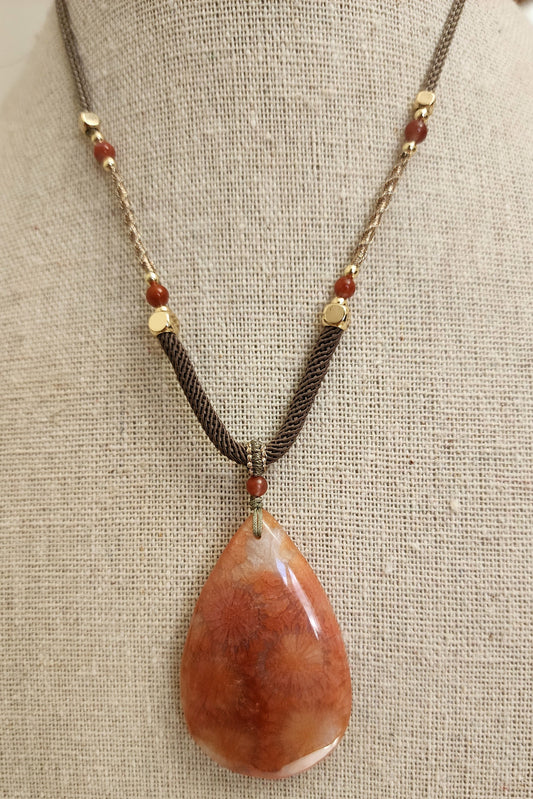 Orange Agatized Coral Adjustable Pendant Necklace