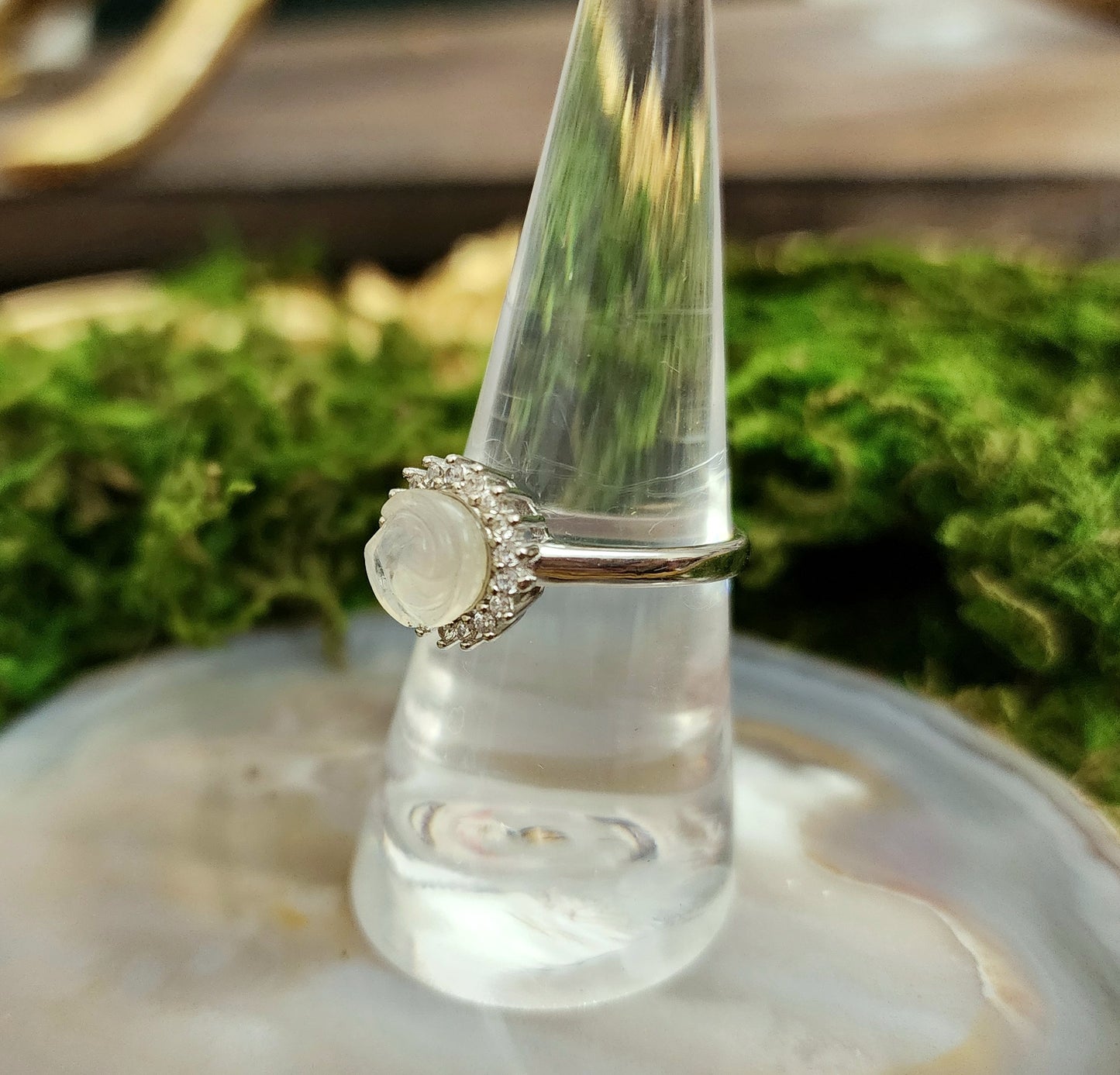 Rainbow Moonstone Rose Ring