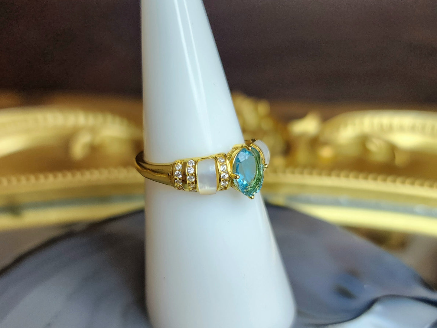 Blue Topaz with White Shell Ring
