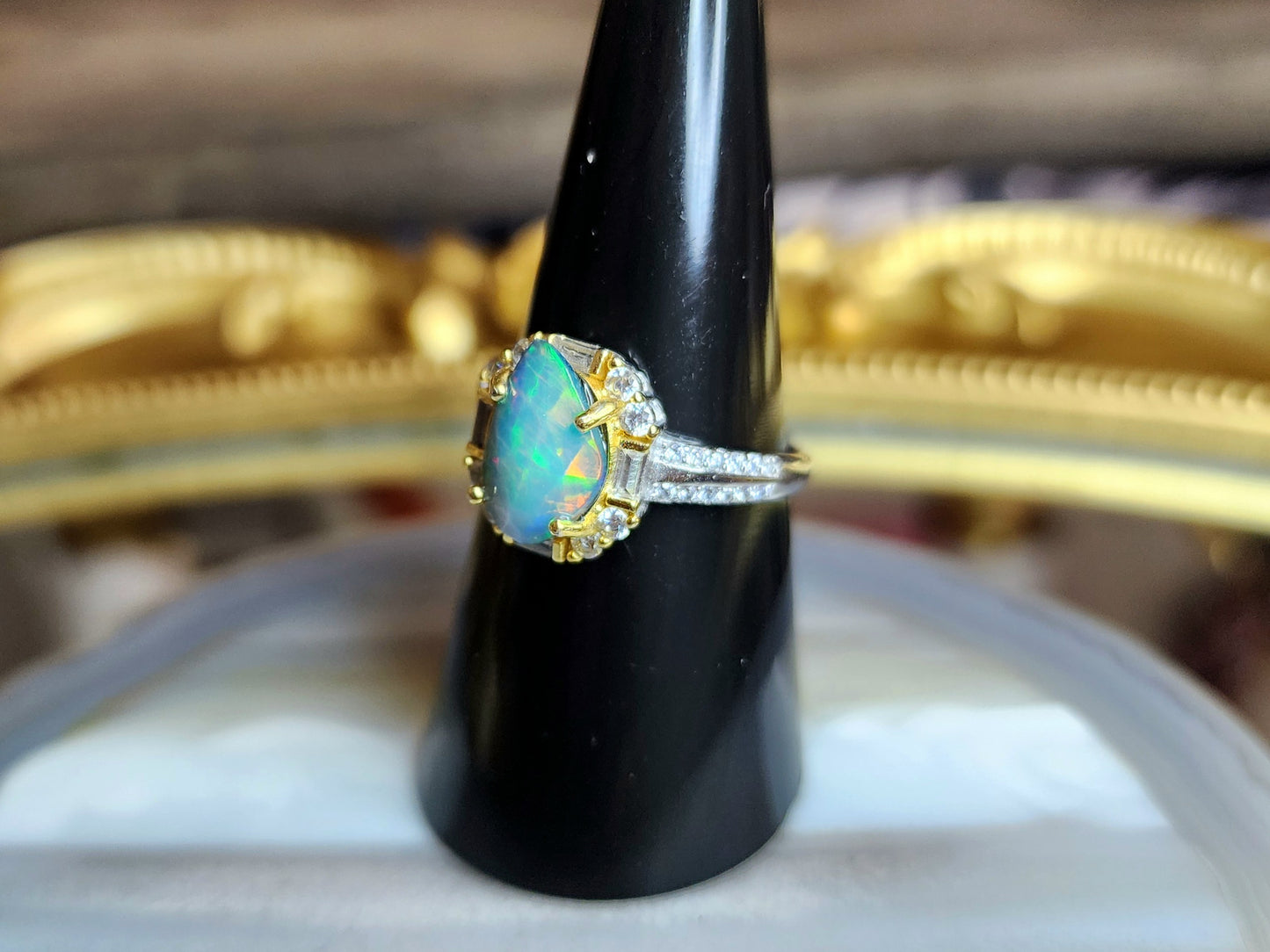 Faceted Black Honeycomb Opal Ring