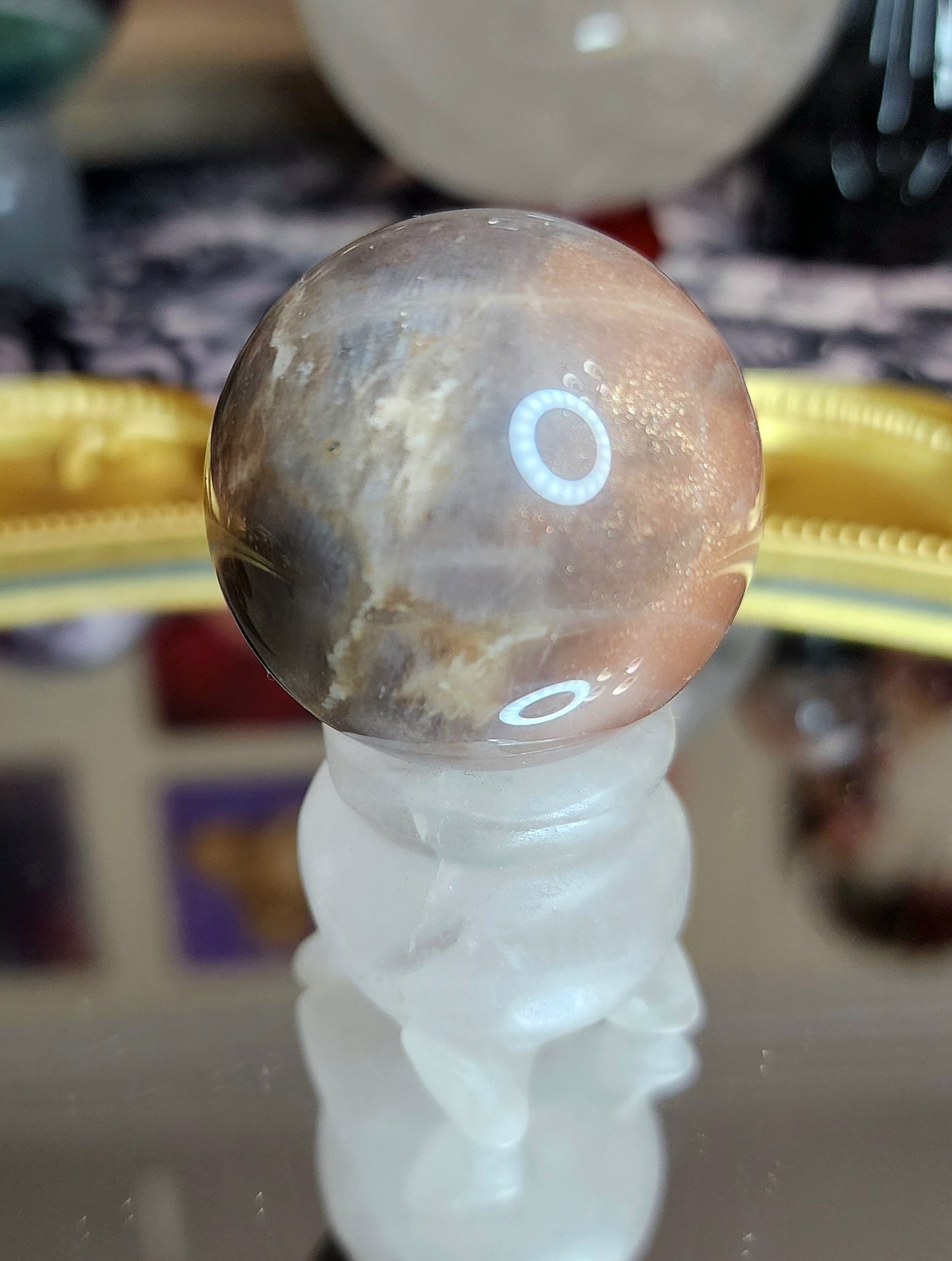 Black Sunstone Sphere on a Rose Quartz Cauldron