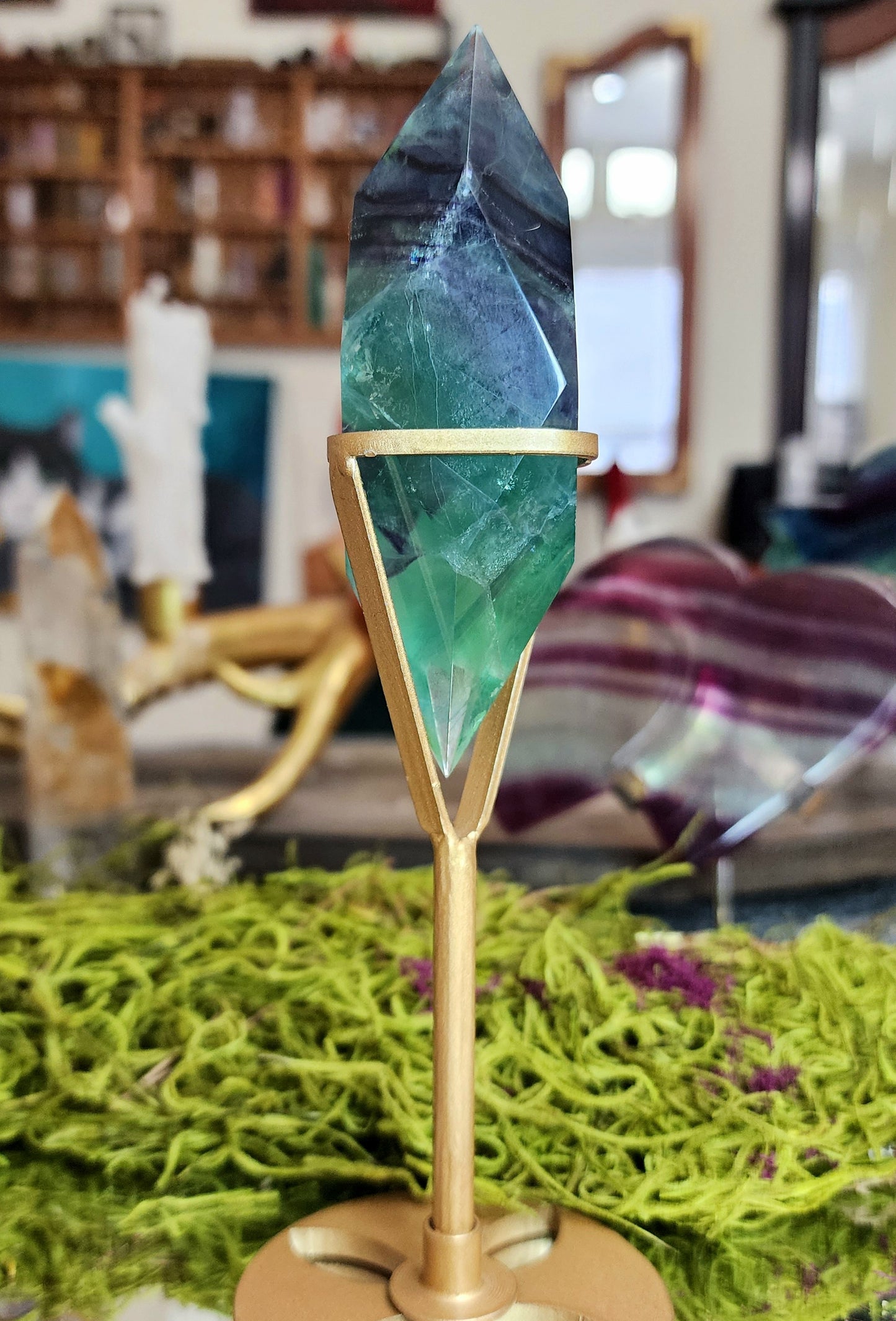 Purple and Blue Faceted Fluorite on Stand