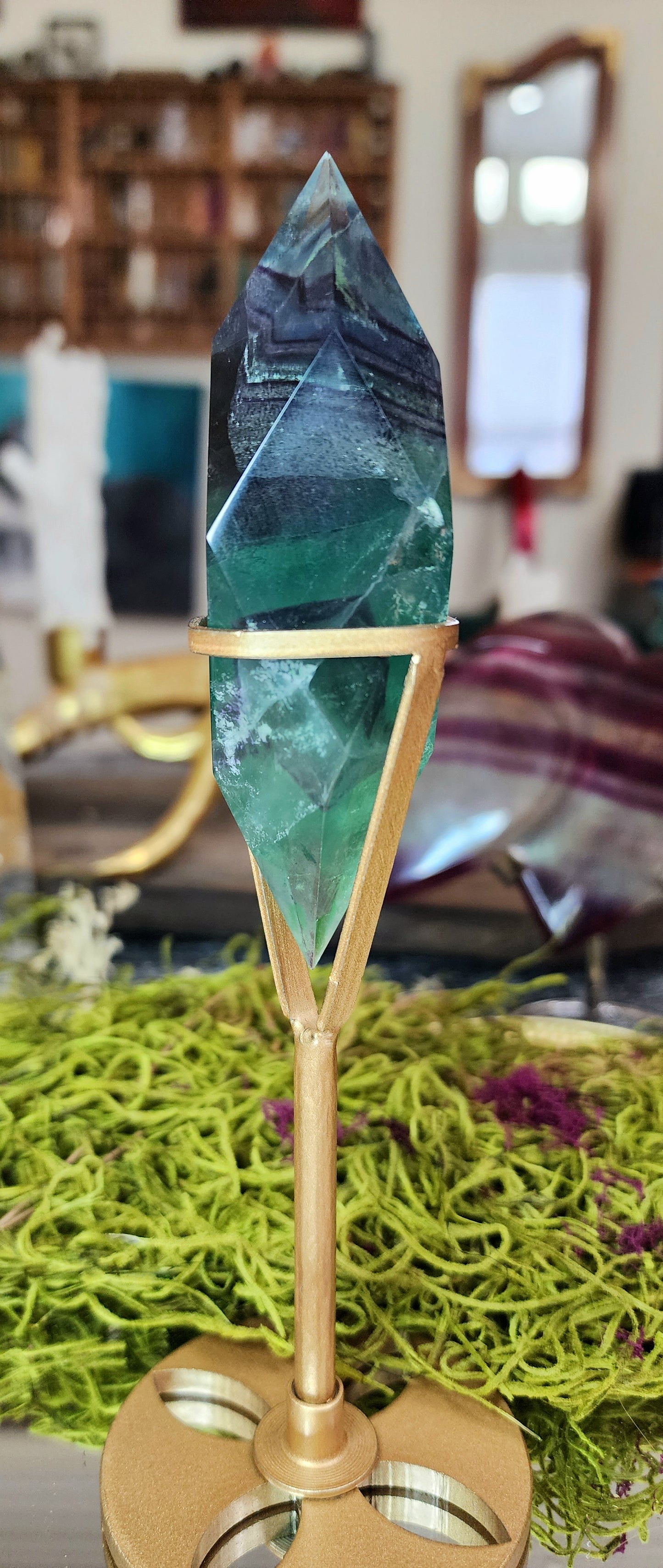 Purple and Blue Faceted Fluorite on Stand