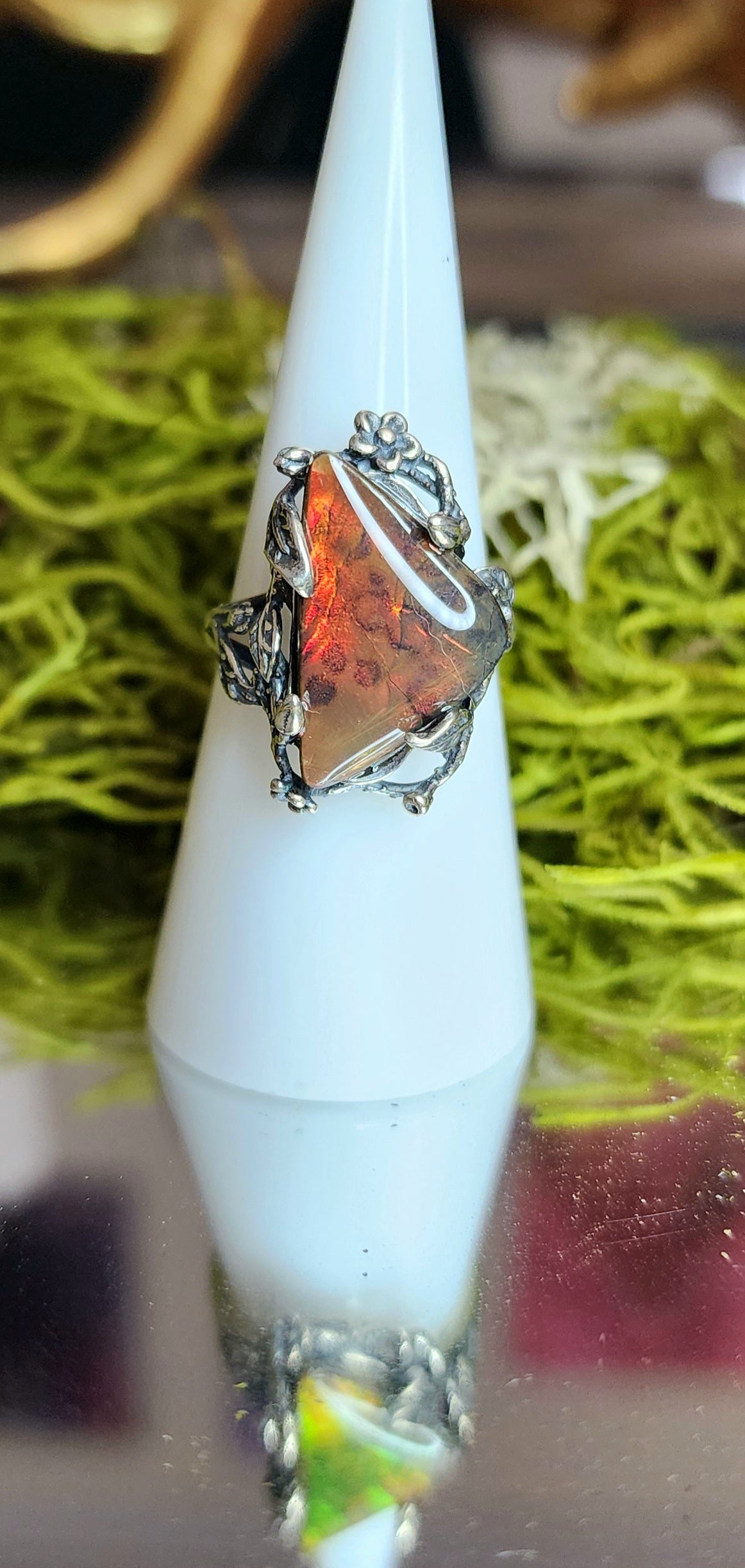 Red Flash Ammolite Ring