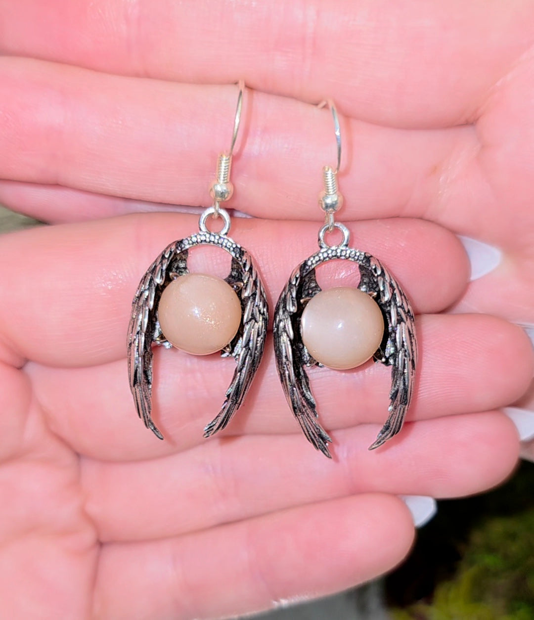 Winged Peach Moonstone Earrings
