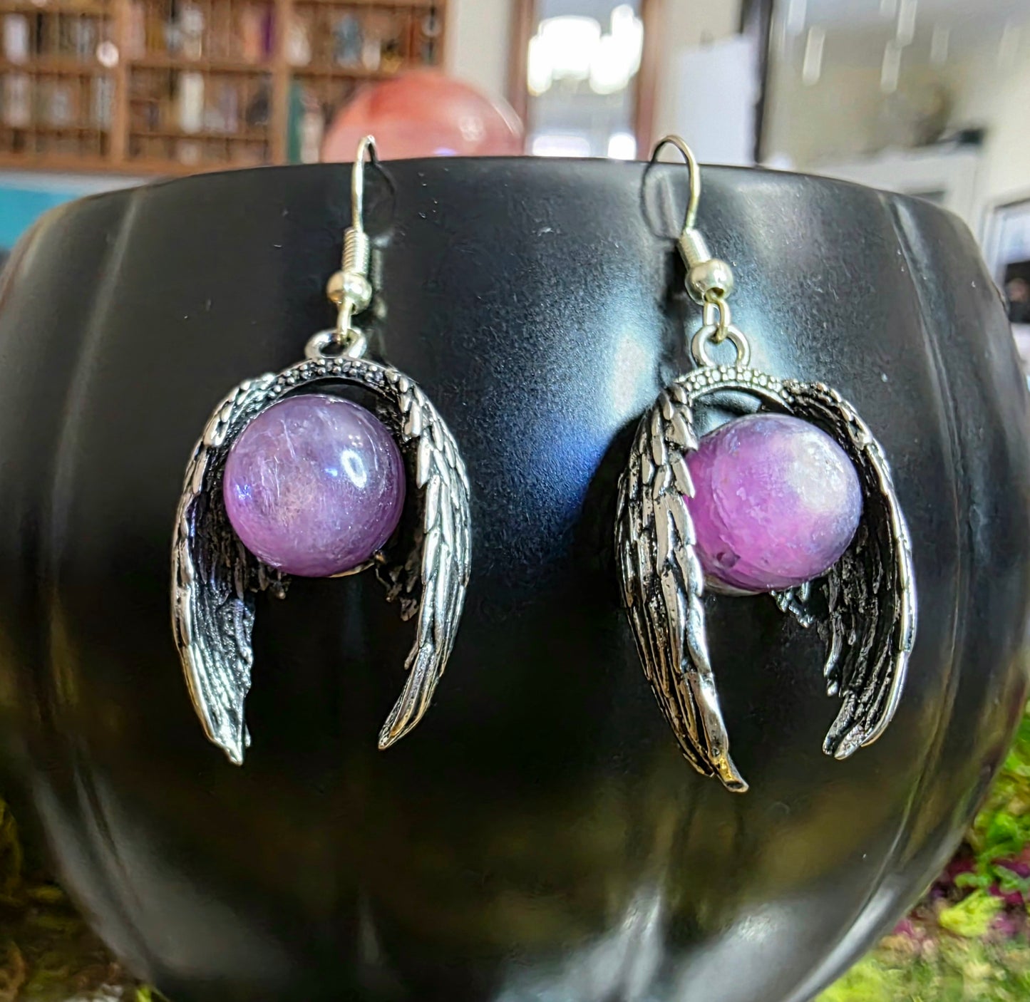 Winged Purple Gem Lepidolite Earrings