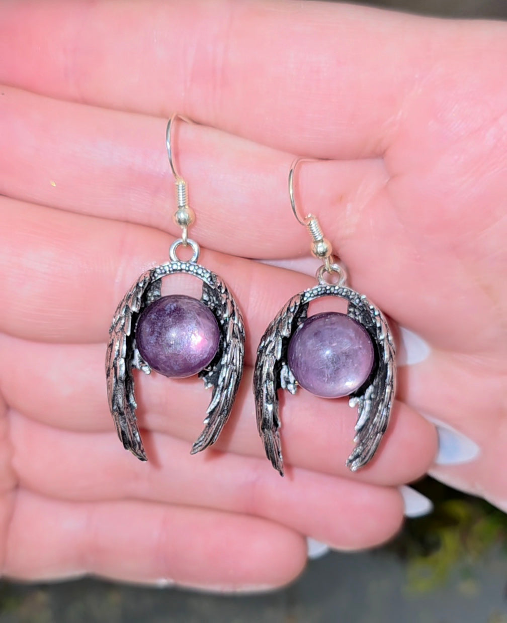 Winged Purple Gem Lepidolite Earrings