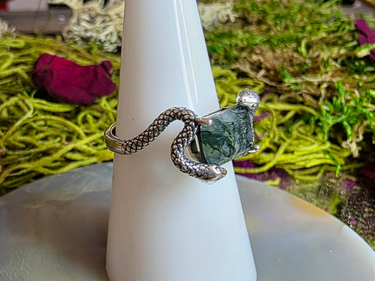 Moss Agate Snake Ring