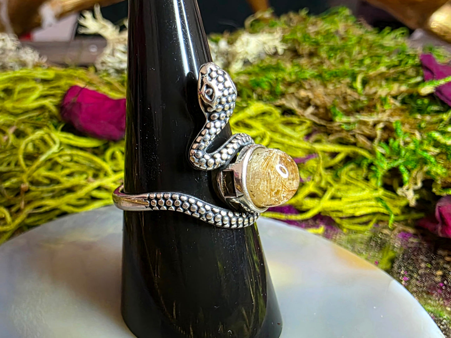 Garden Quartz and Gold Rutile Snake Ring