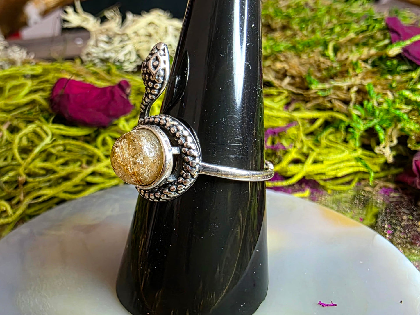 Garden Quartz and Gold Rutile Snake Ring