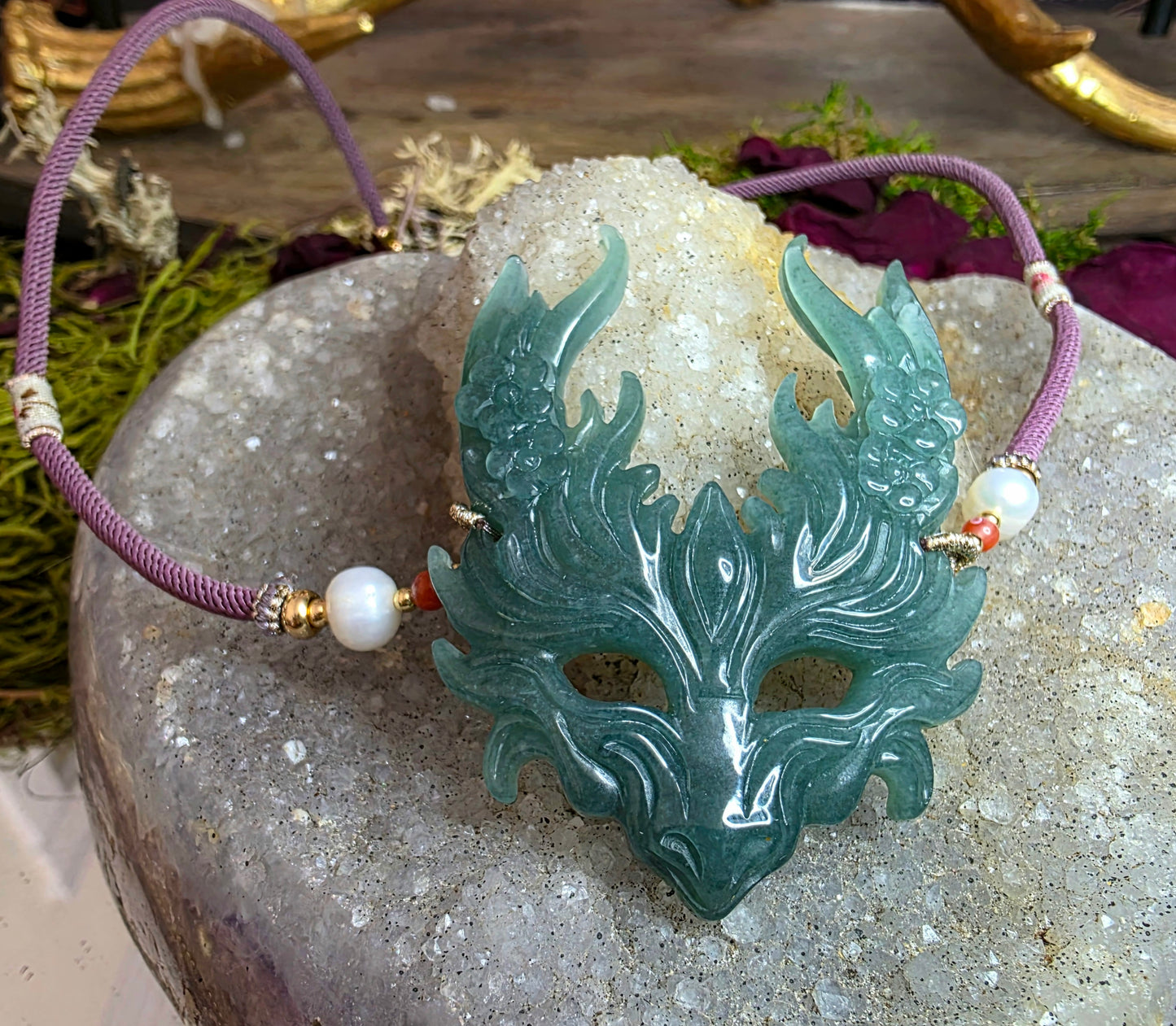 Jadeite Dragon Mask Pendant Necklace