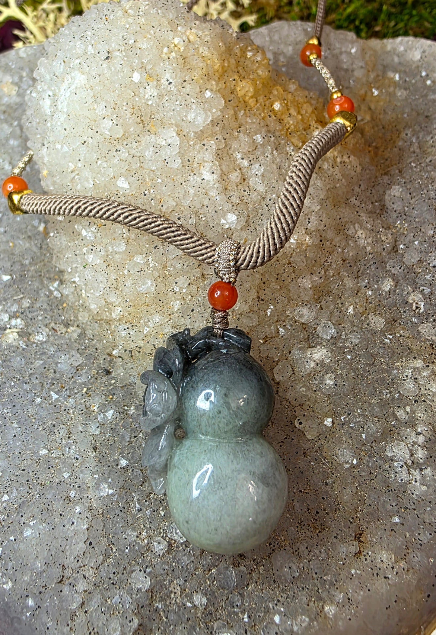 Jadeite Bat and Gourd Pendant Necklace