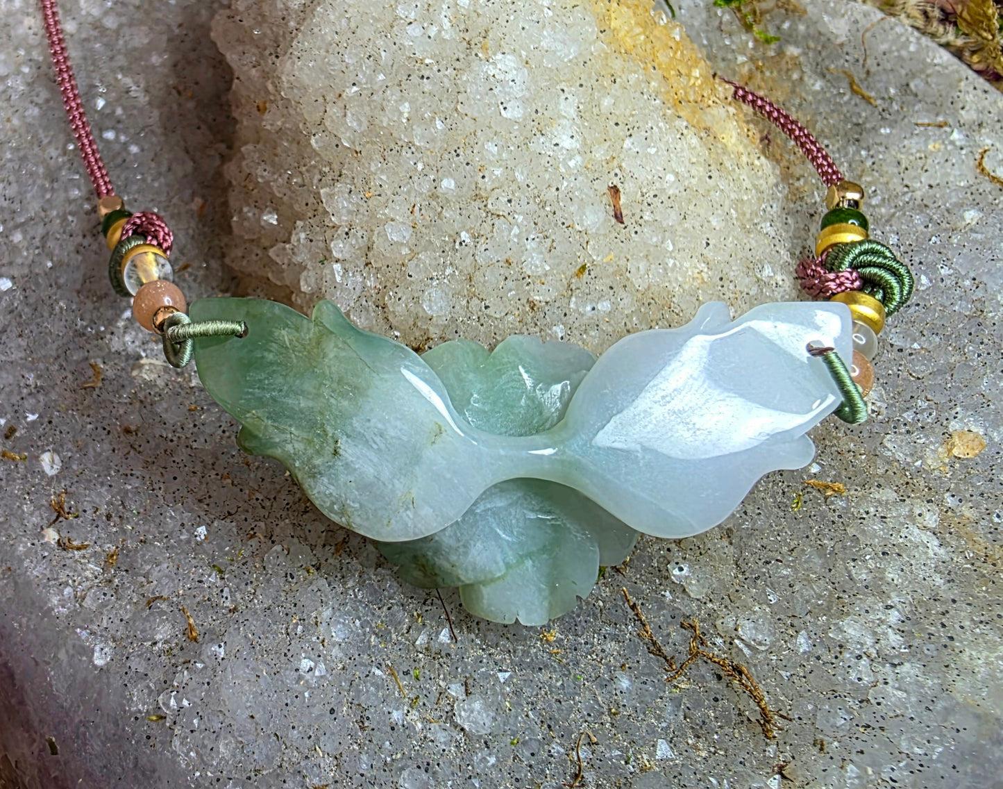Lavender and Green Jade Flower Pendant Necklace