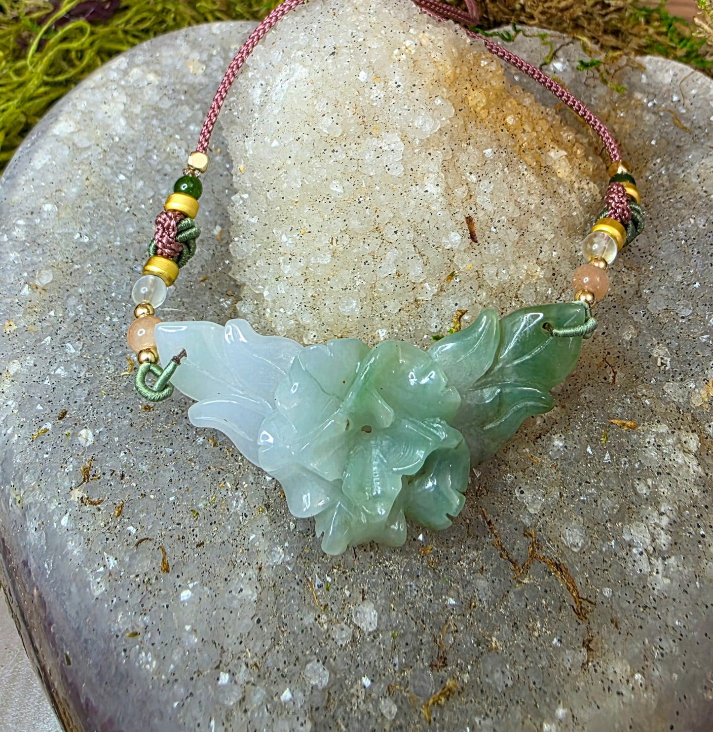 Lavender and Green Jade Flower Pendant Necklace