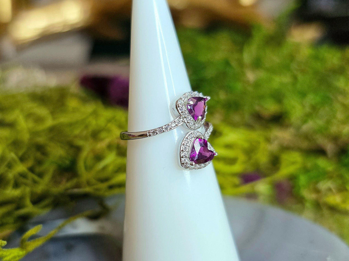 Double Heart Purple Garnet Ring