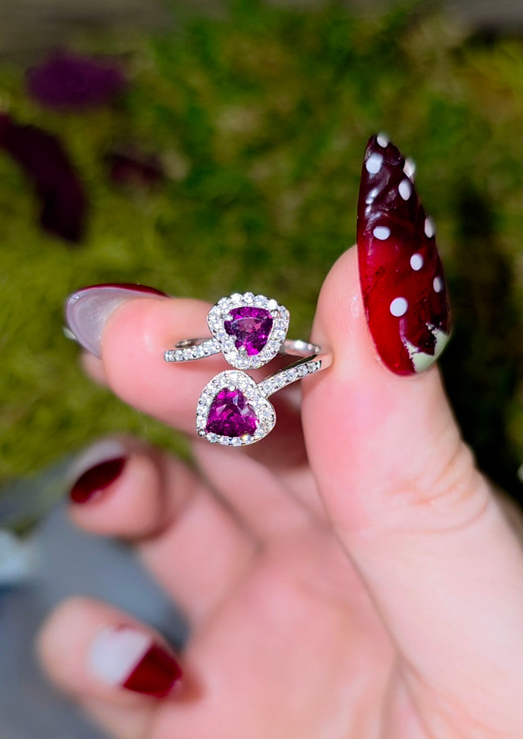 Double Heart Purple Garnet Ring
