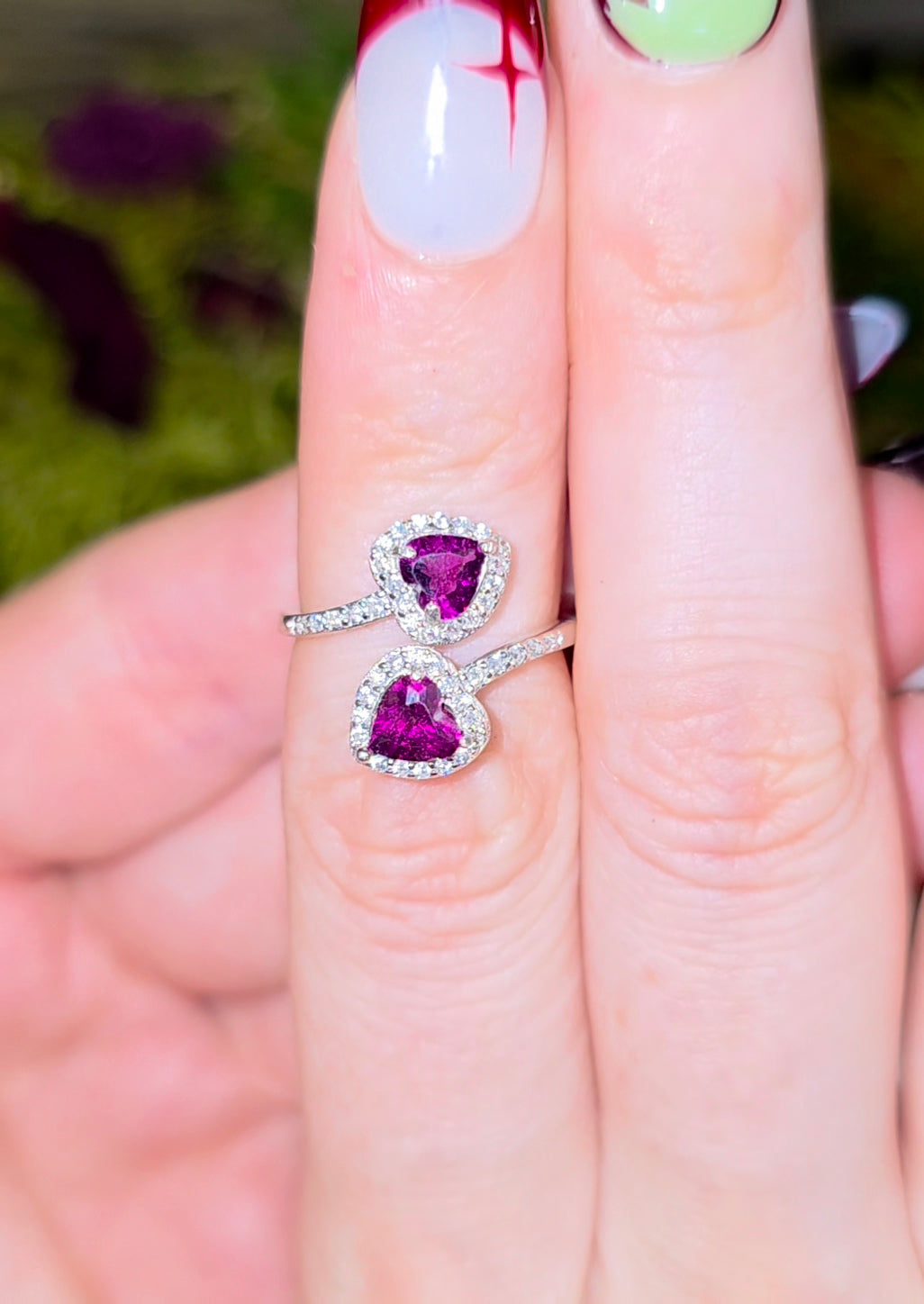 Double Heart Purple Garnet Ring