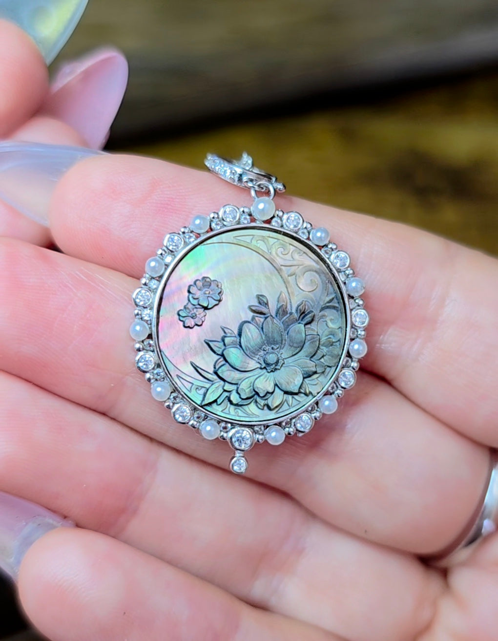Black Shell Moon and Flower Pendant