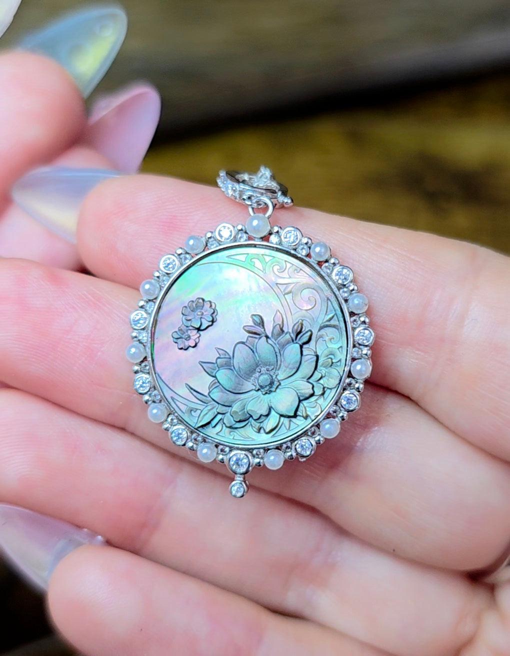 Black Shell Moon and Flower Pendant