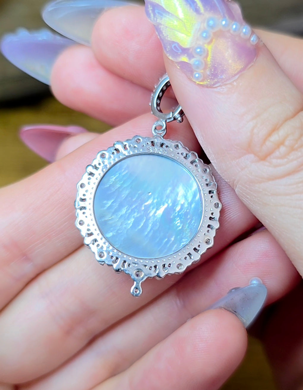 Black Shell Moon and Flower Pendant