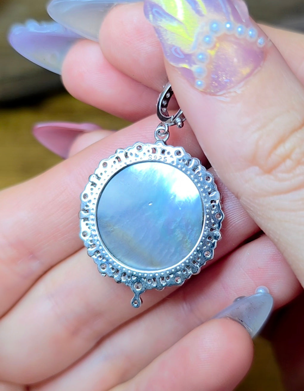 Black Shell Moon and Flower Pendant