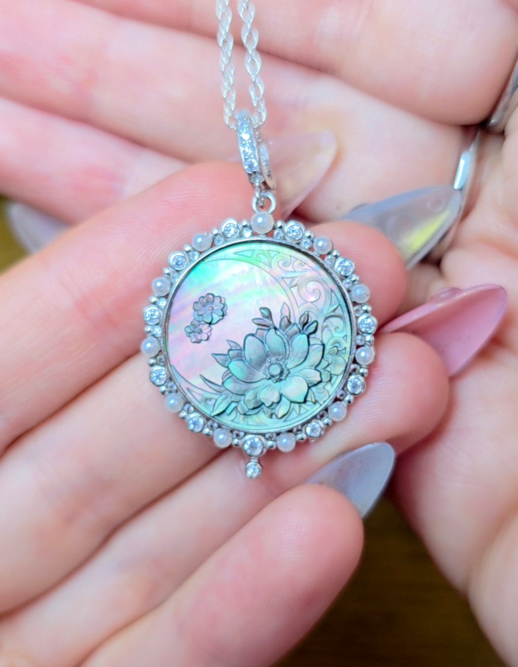 Black Shell Moon and Flower Pendant