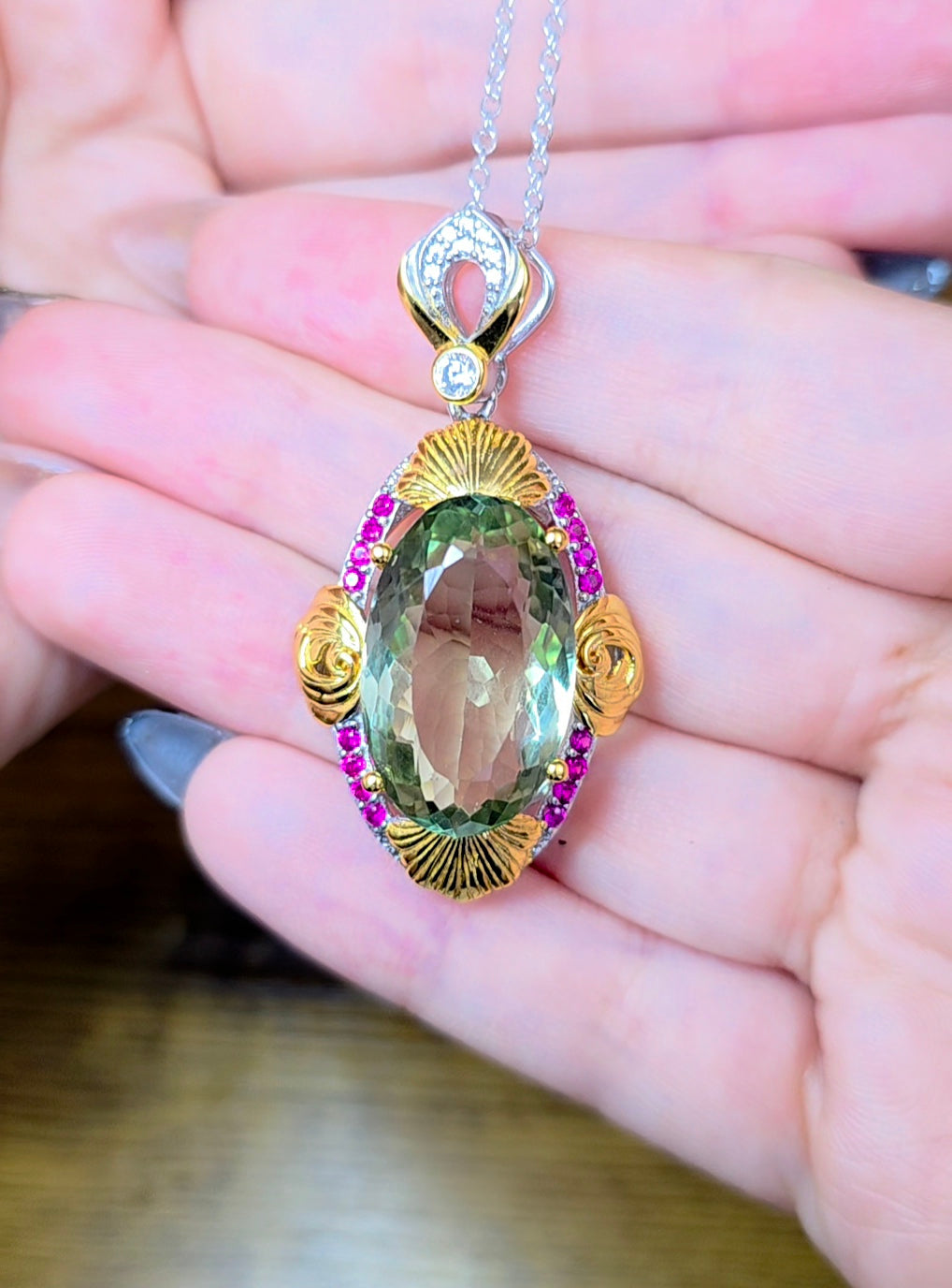 Prasiolite and Ruby Pendant