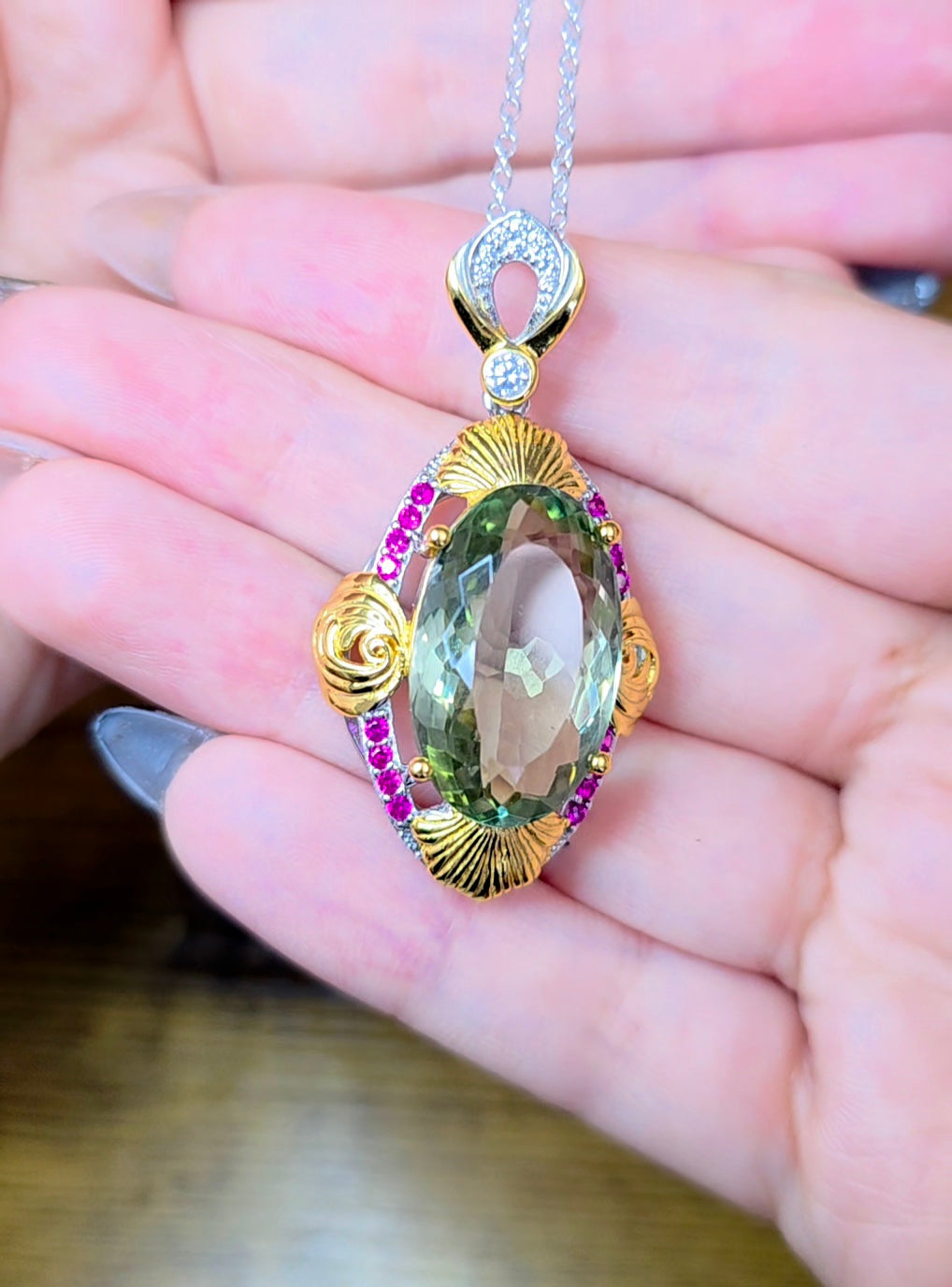 Prasiolite and Ruby Pendant