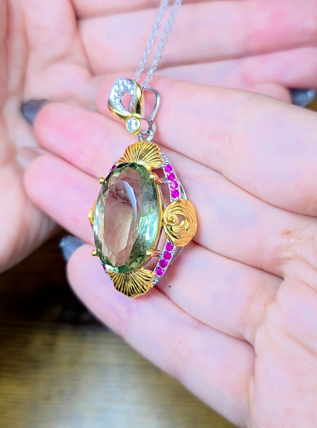 Prasiolite and Ruby Pendant