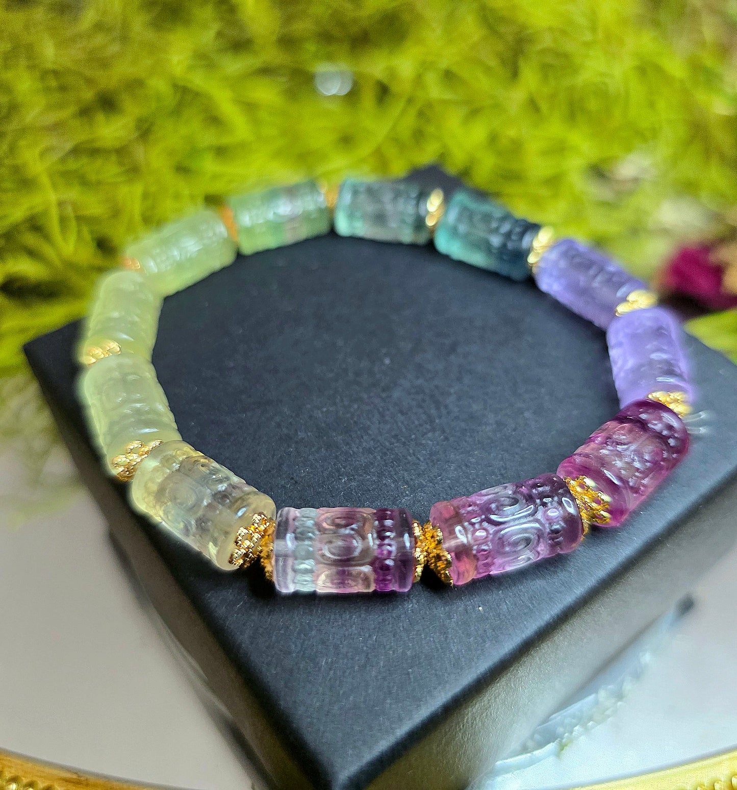 13x7mm Carved Fluorite Stretch Bracelet A