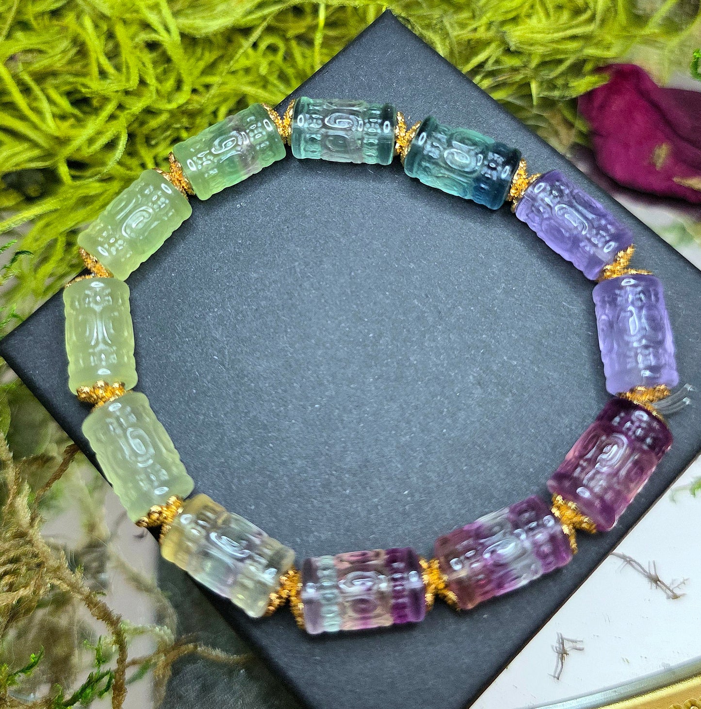 13x7mm Carved Fluorite Stretch Bracelet A