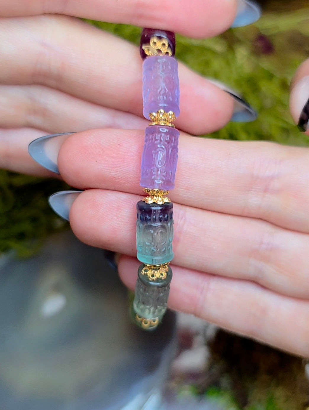 13x7mm Carved Fluorite Stretch Bracelet A