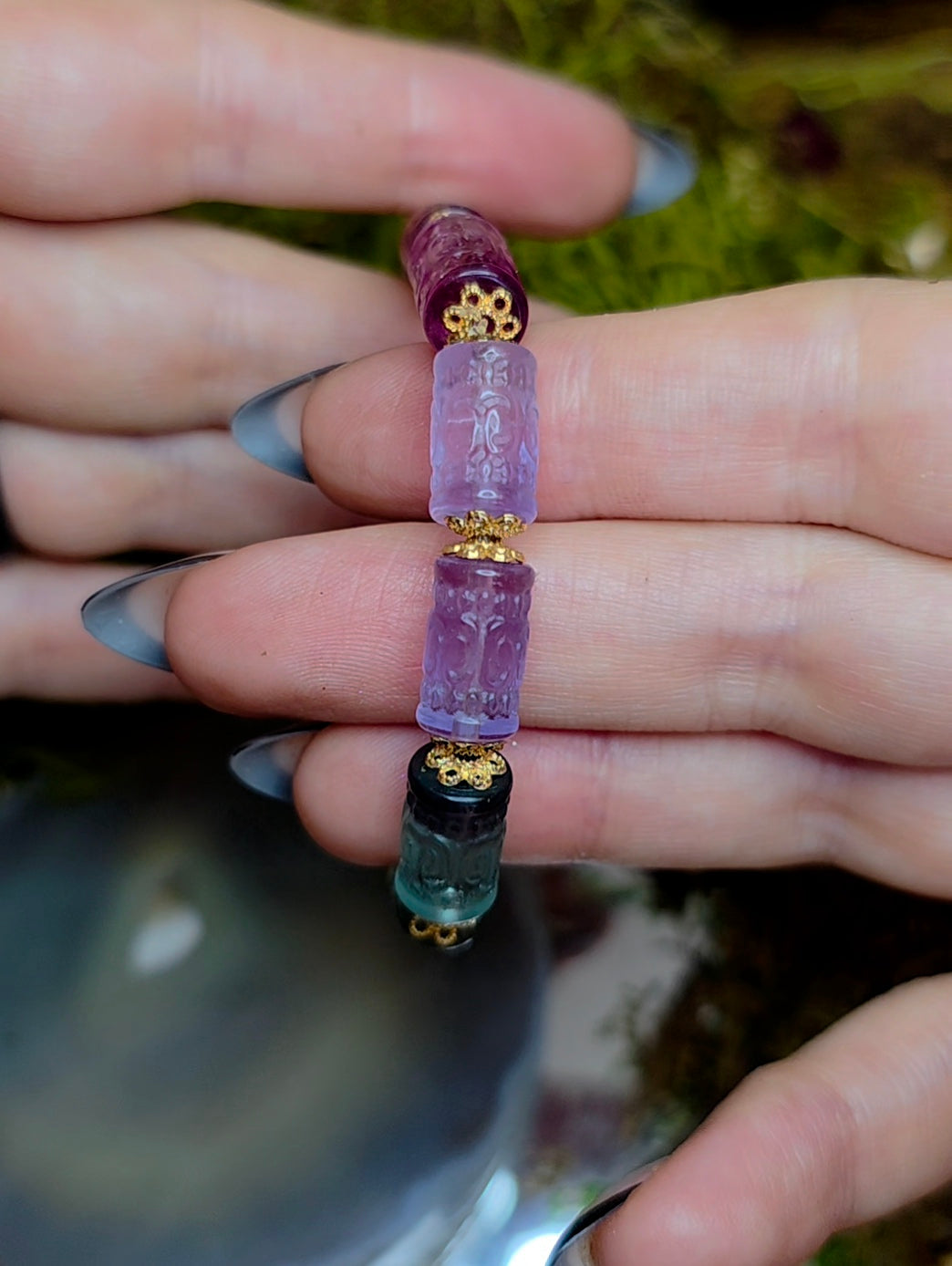 13x7mm Carved Fluorite Stretch Bracelet A