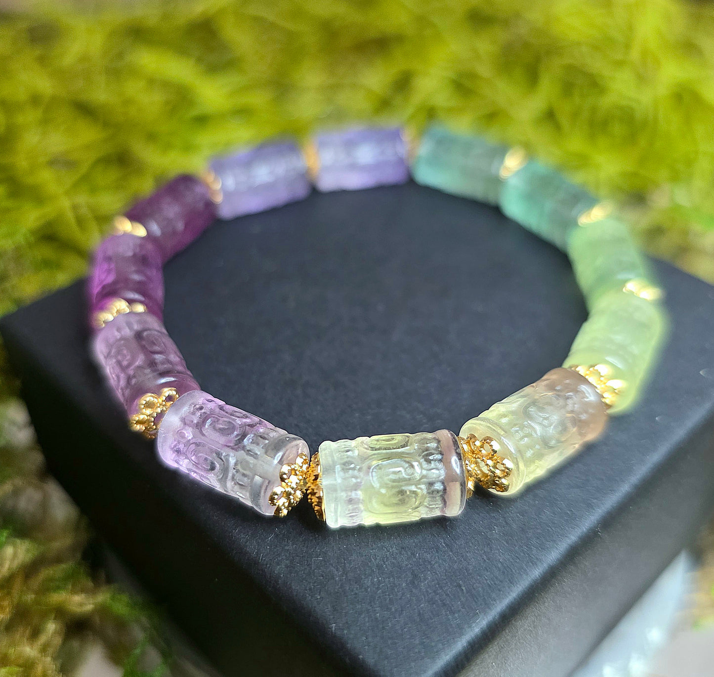 13x7mm Carved Fluorite Stretch Bracelet C
