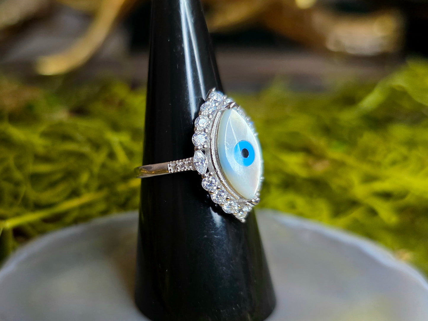 White Shell Evil Eye Ring