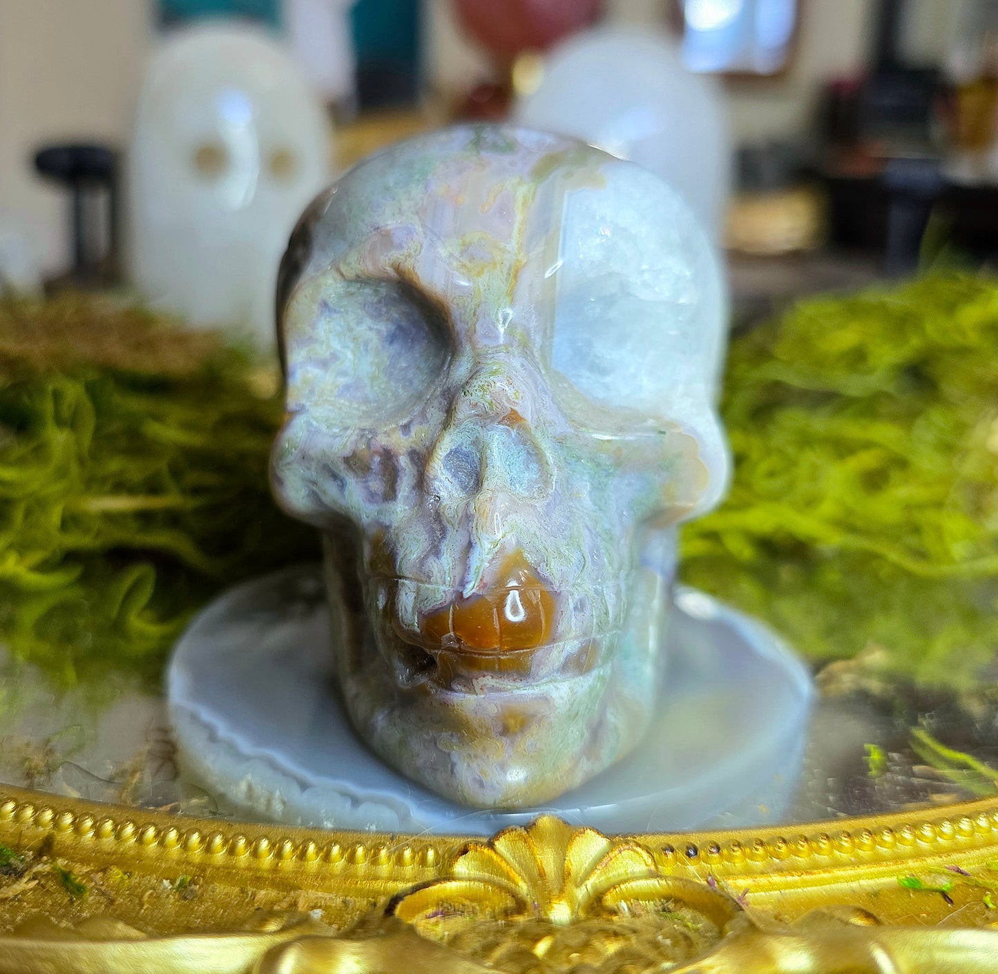 Blue Moss Agate Skull