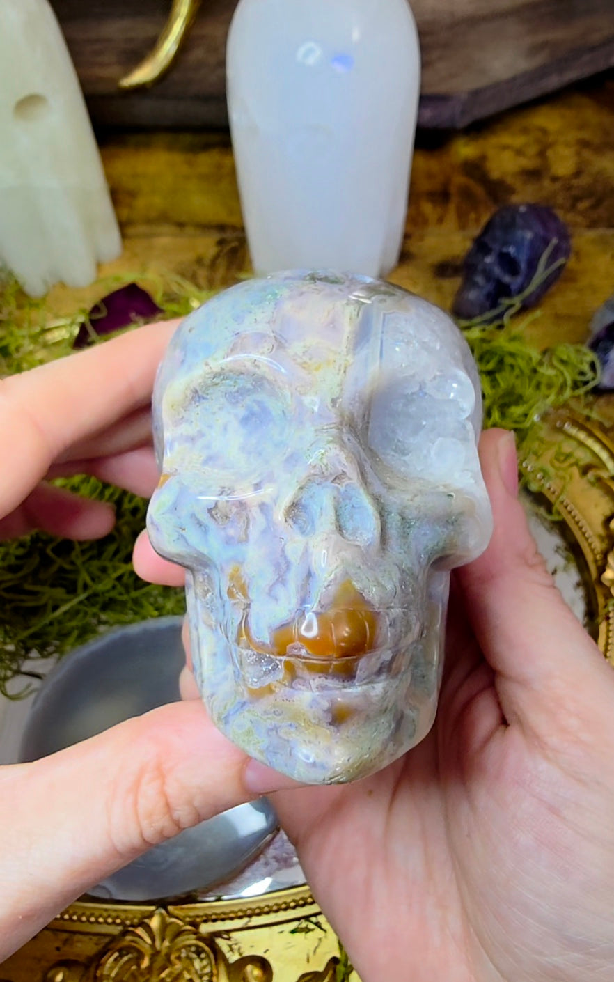 Blue Moss Agate Skull