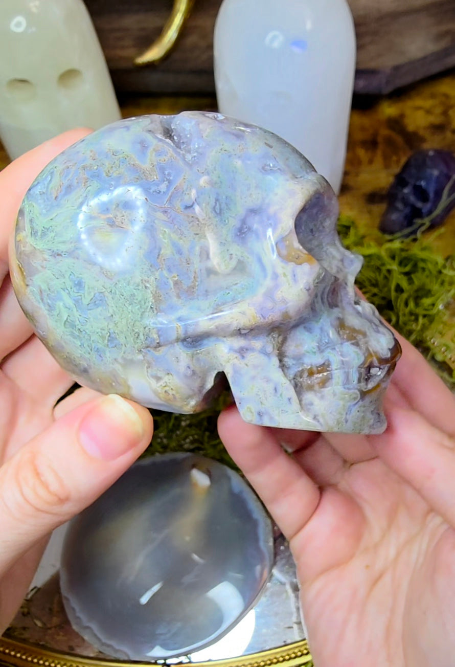 Blue Moss Agate Skull