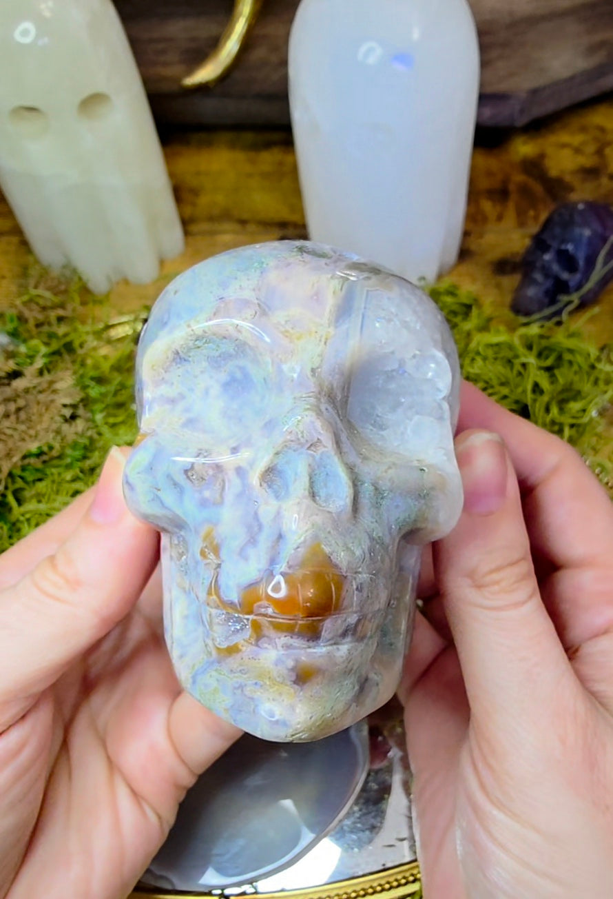 Blue Moss Agate Skull