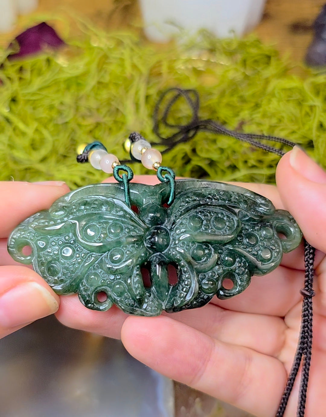 Dark Green Jadeite Moth Pendant Necklace