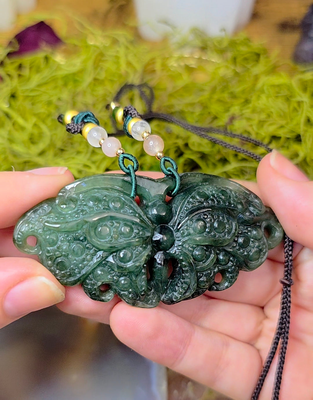 Dark Green Jadeite Moth Pendant Necklace