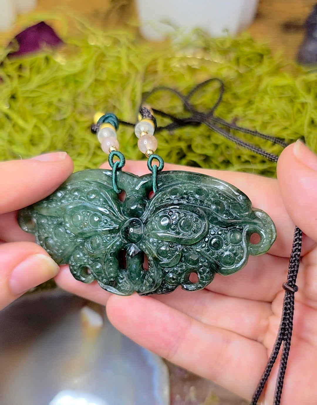 Dark Green Jadeite Moth Pendant Necklace