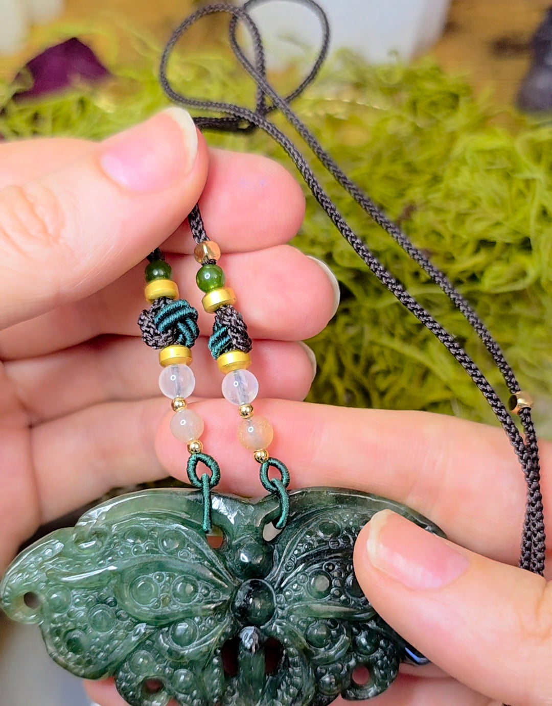 Dark Green Jadeite Moth Pendant Necklace