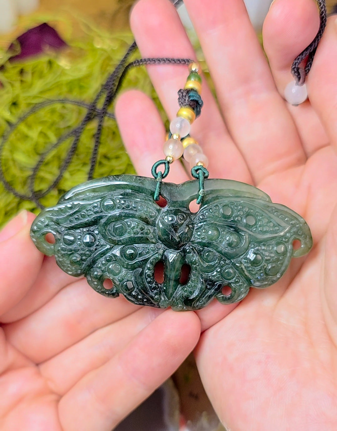 Dark Green Jadeite Moth Pendant Necklace