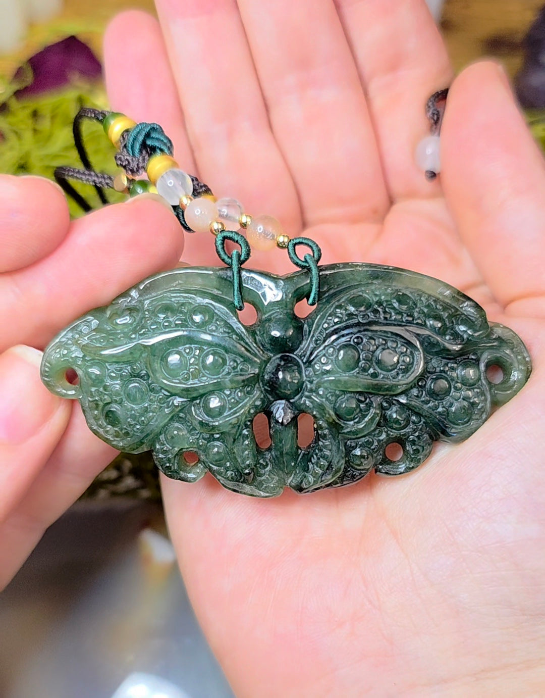 Dark Green Jadeite Moth Pendant Necklace