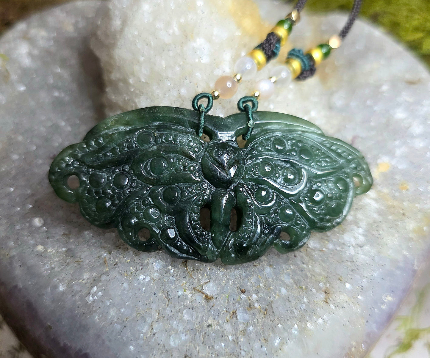 Dark Green Jadeite Moth Pendant Necklace