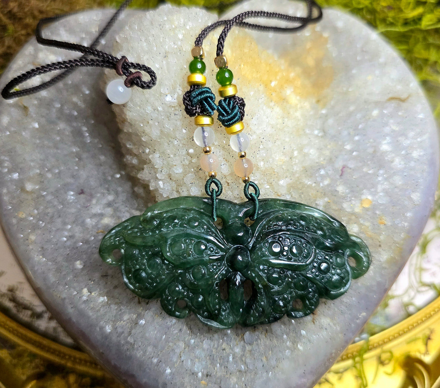 Dark Green Jadeite Moth Pendant Necklace