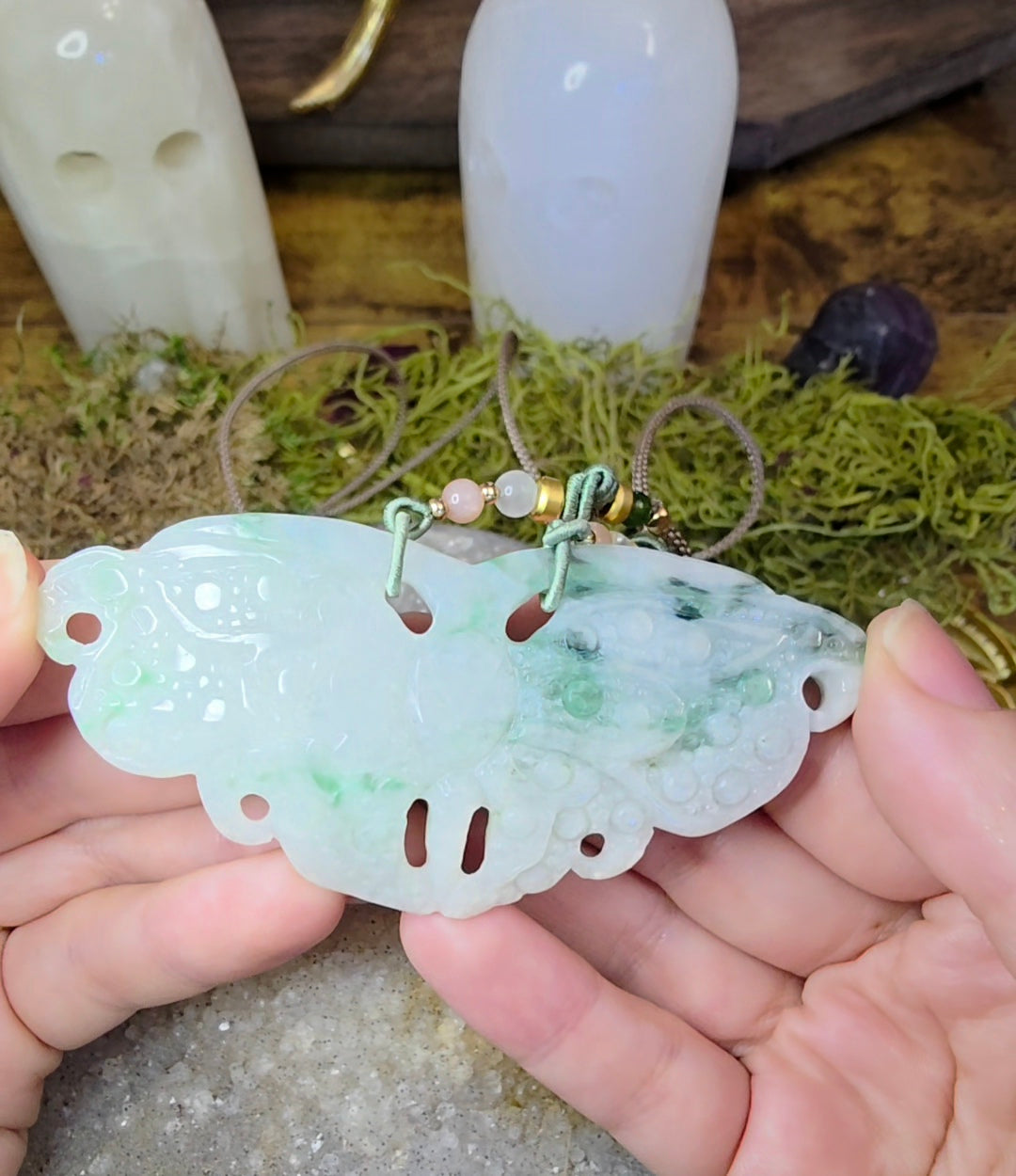 Light Jadeite Moth Pendant Necklace