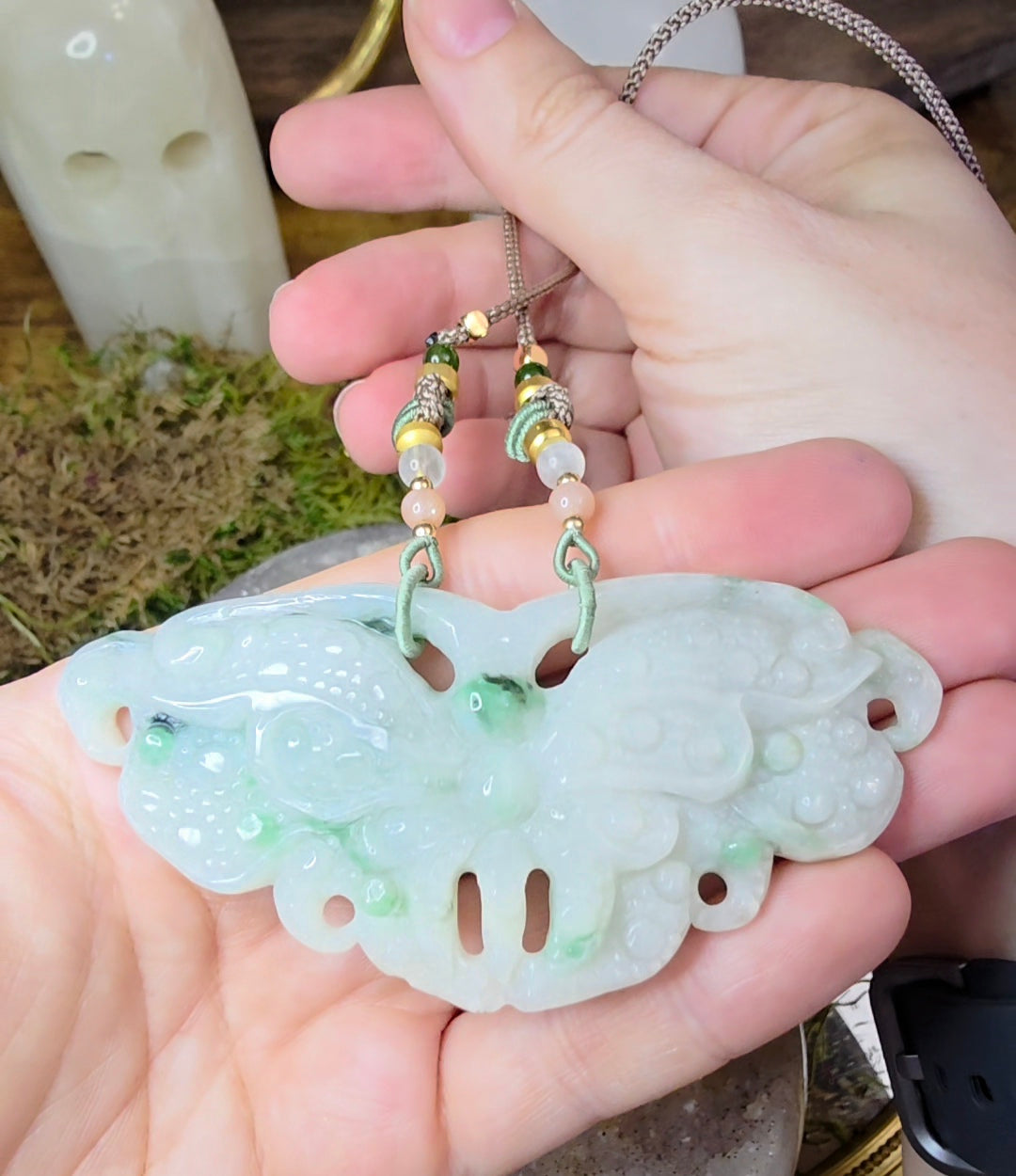 Light Jadeite Moth Pendant Necklace