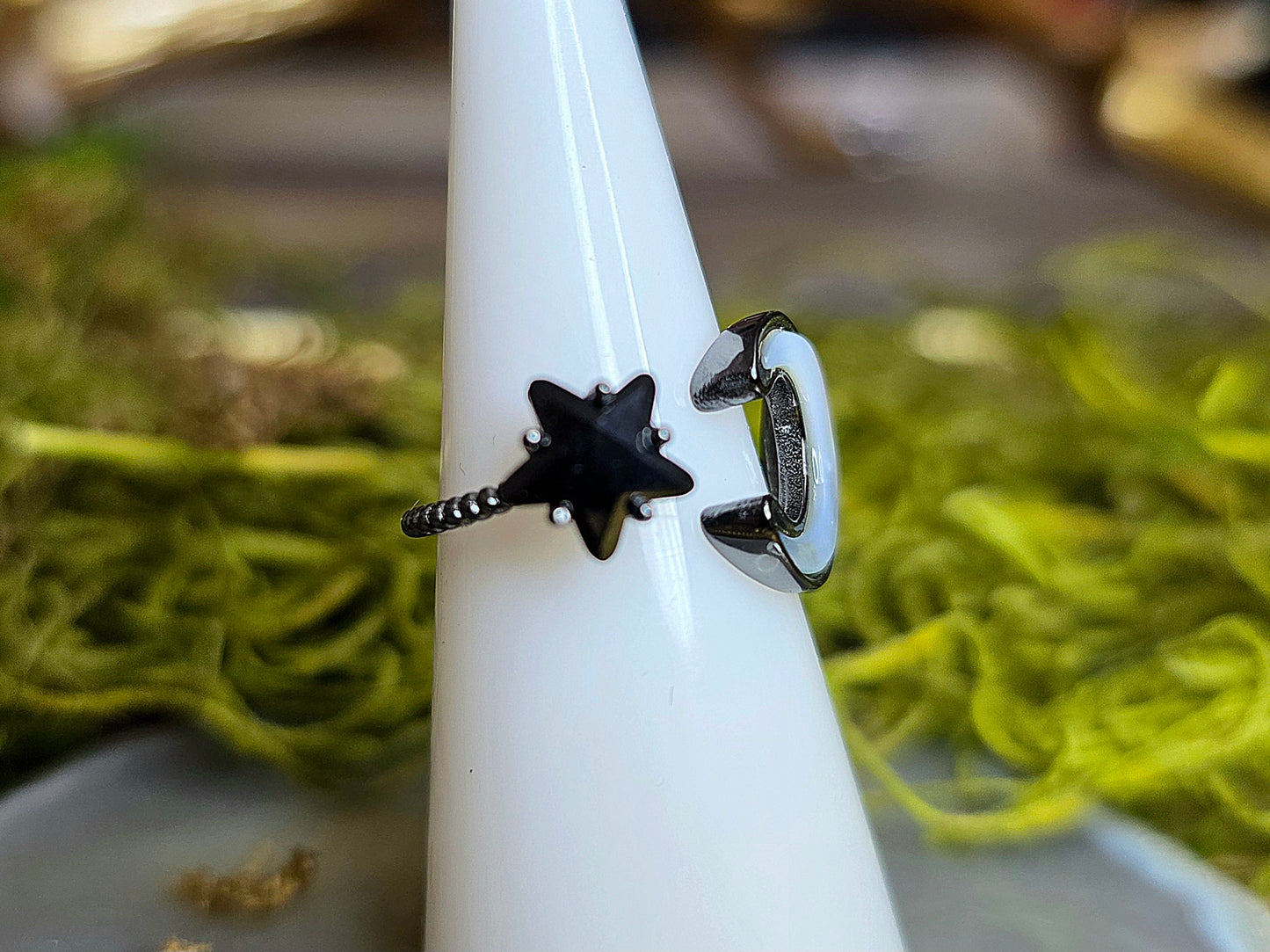 White Shell Moon and Black Spinel Star Ring